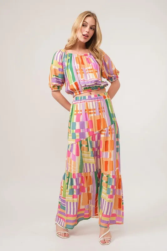 And The Why Puff Sleeve Elastic Edges Geo Printed Crop Top