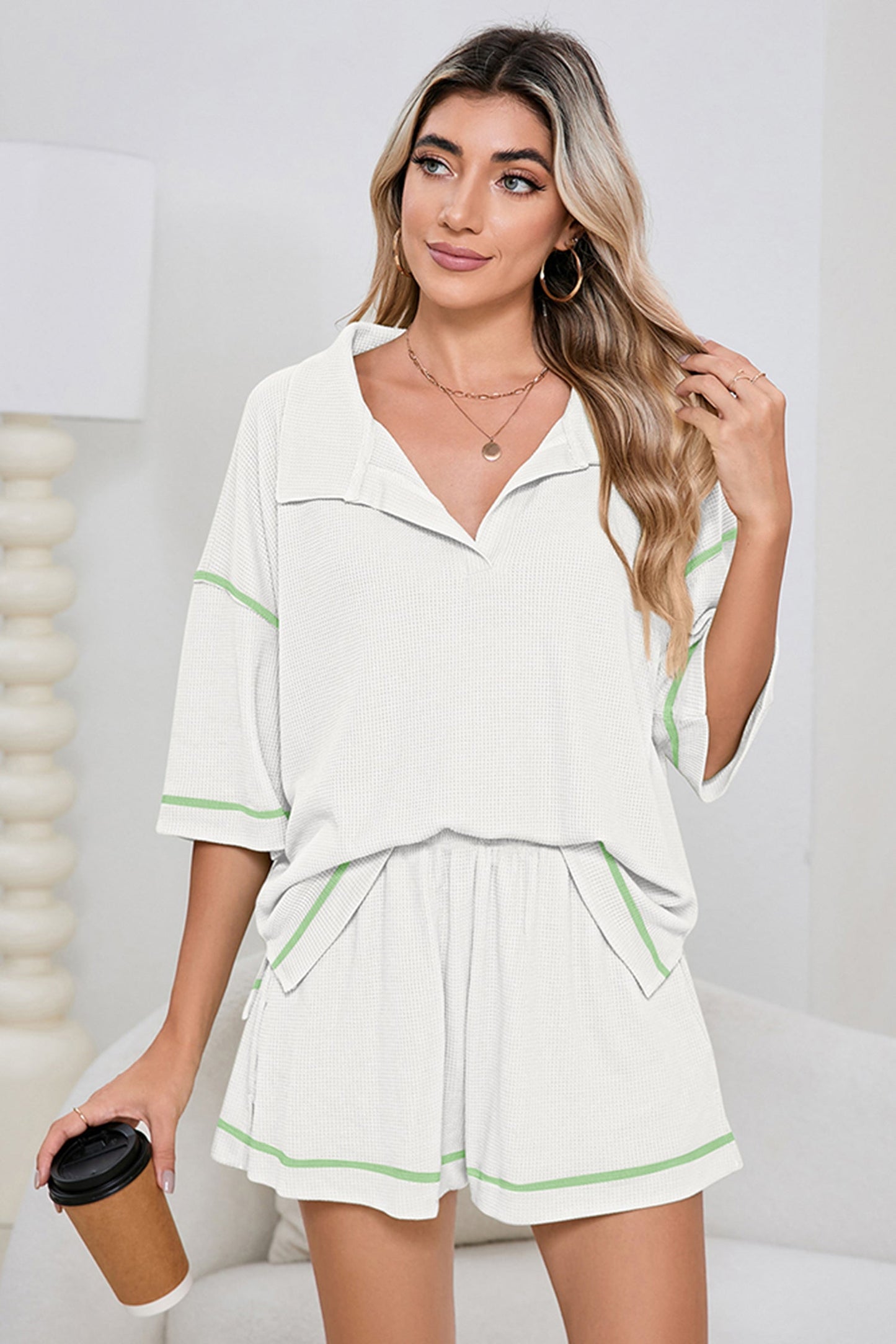 Colorblock Trim Waffle Knit Top and Shorts Set