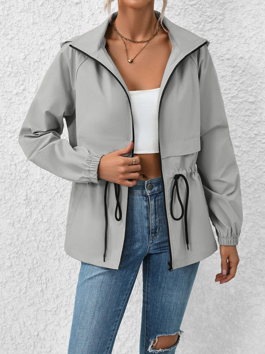 Ivy Lane Drawstring Zip Up Hooded Jacket Gray
