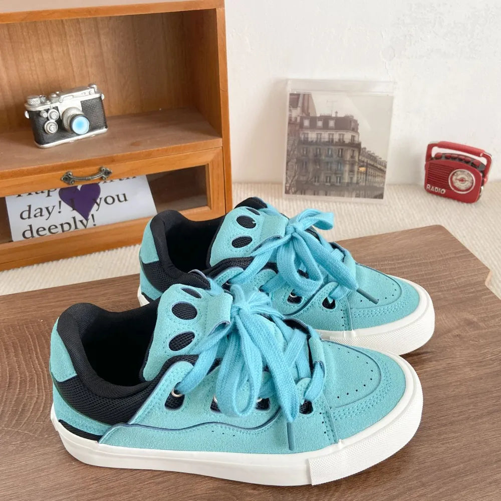 Contrast Lace Up Round Toe Flats Sneakers Cerulean