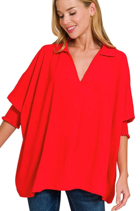 Zenana Airflow Collar Tee with Smocked Sleeve Band Top TOMATO