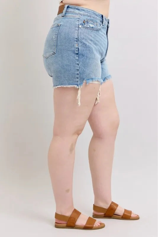 Judy Blue Plus Size HW Rigid Magic Destroy Cut Off Denim Shorts