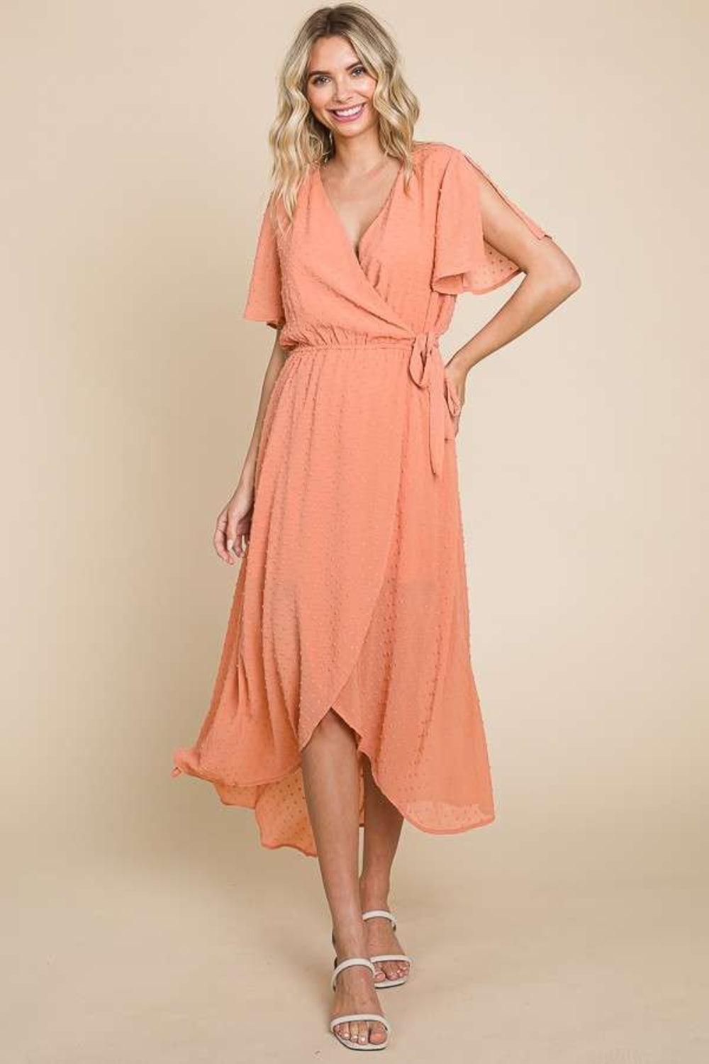 Culture Code Full Size Swiss Dot Tied Slit Short Sleeve Dress COCOA