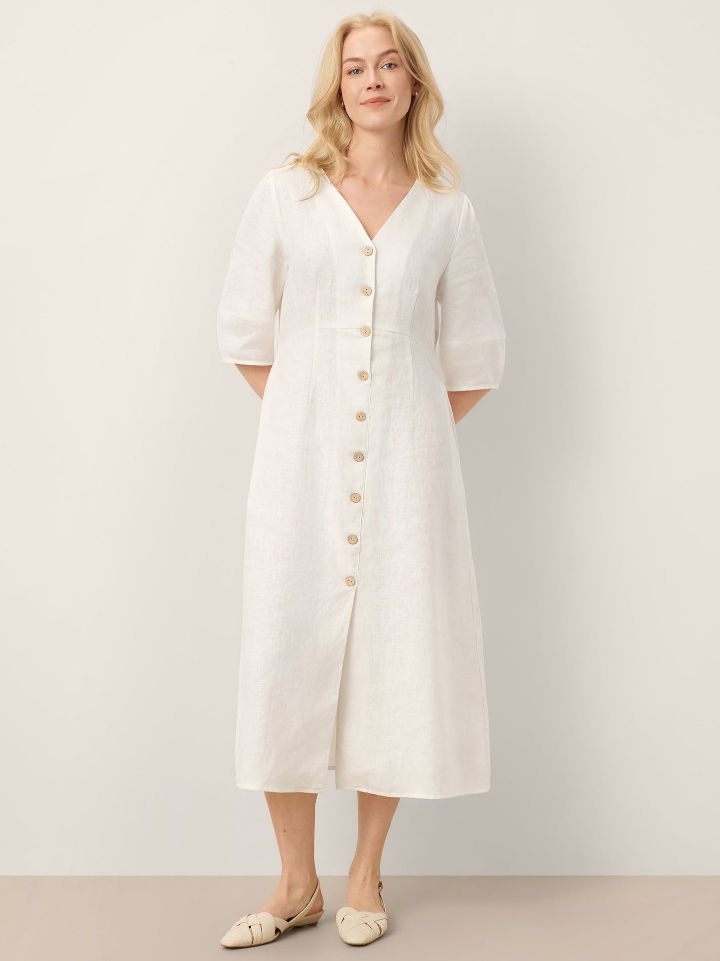 100% Linen Button-Front Lantern Sleeve Elasticated Waist Midi Dress LINNEA