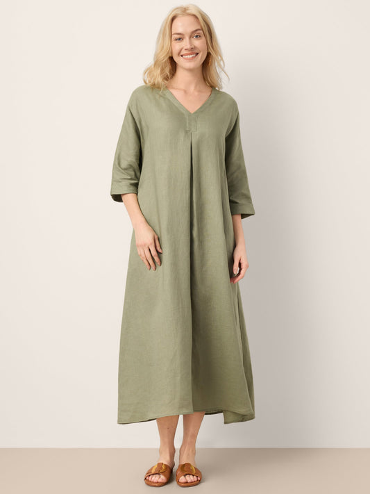 100% Linen Center Pleat V-Neck Cuffed Sleeve Maxi Dress ZENOBIA