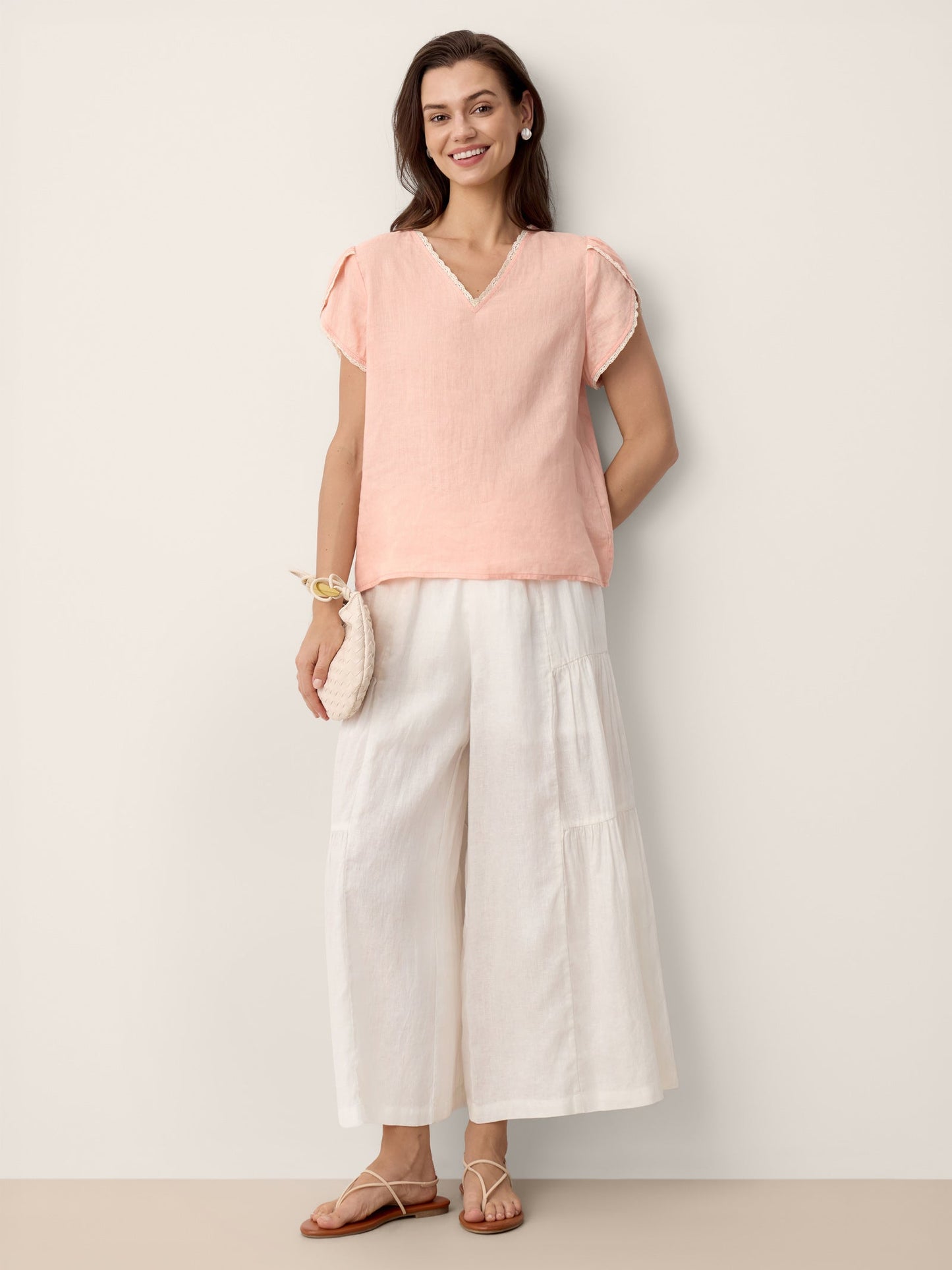 100% Linen Lace-Trim Puff-Sleeve Top NIA