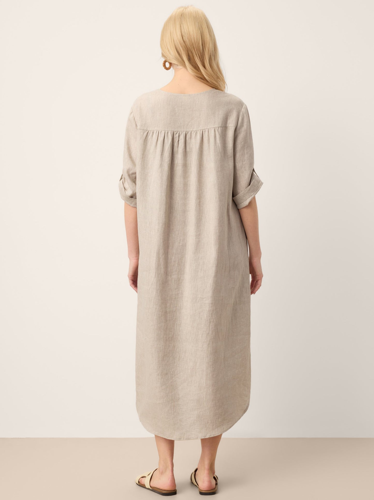100% Linen Stand Collar V-Slit Tab Sleeve Maxi Dress LEORA