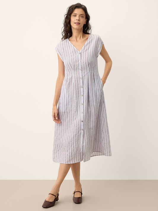 100% Linen Striped Tailored Cap Sleeve Maxi Dress AGNES