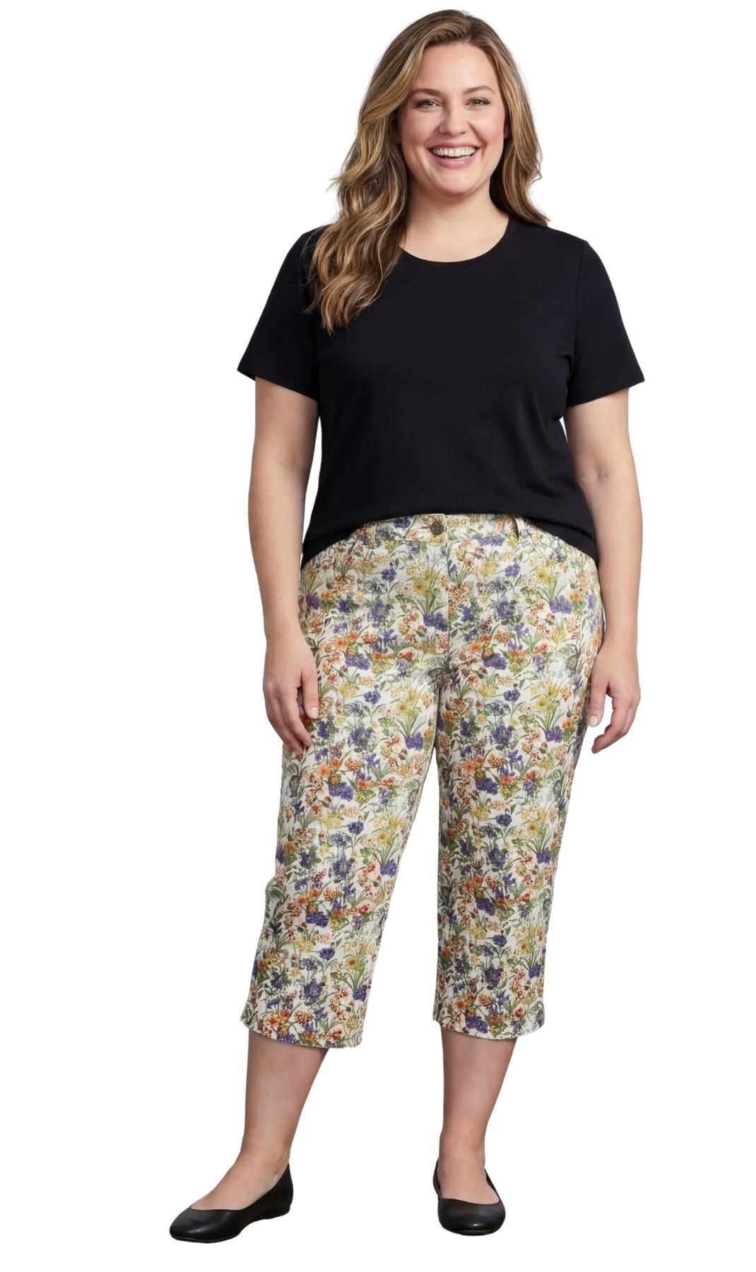 Women's Casual Botanical Bloom Capri Pants with Front Pockets and A Consealed Zipper