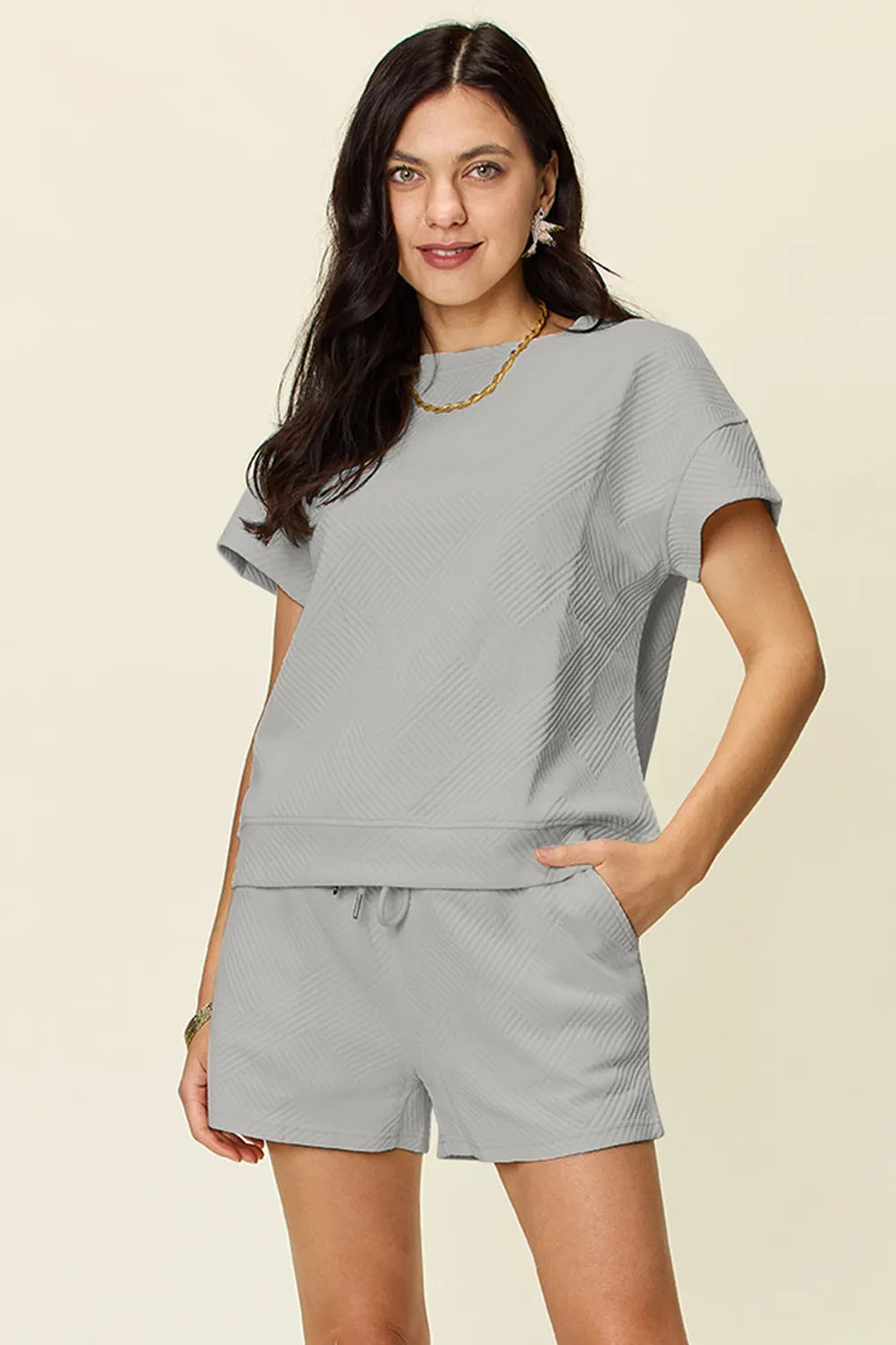 Double Take Full Size Texture Short Sleeve T-Shirt and Drawstring Shorts Set Light Gray