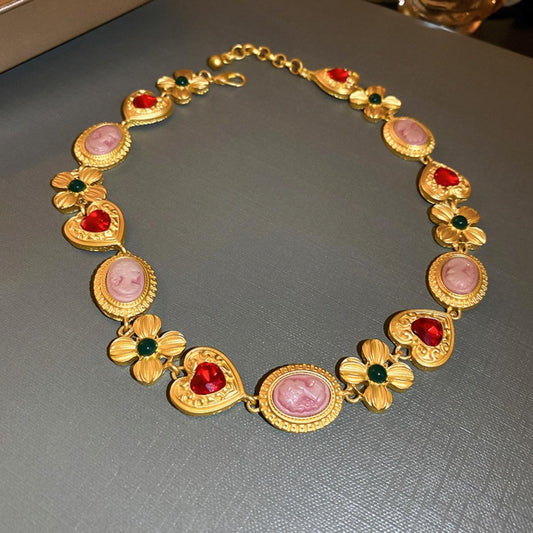 Copper Inlaid Rhinestone Necklace Gold One Size