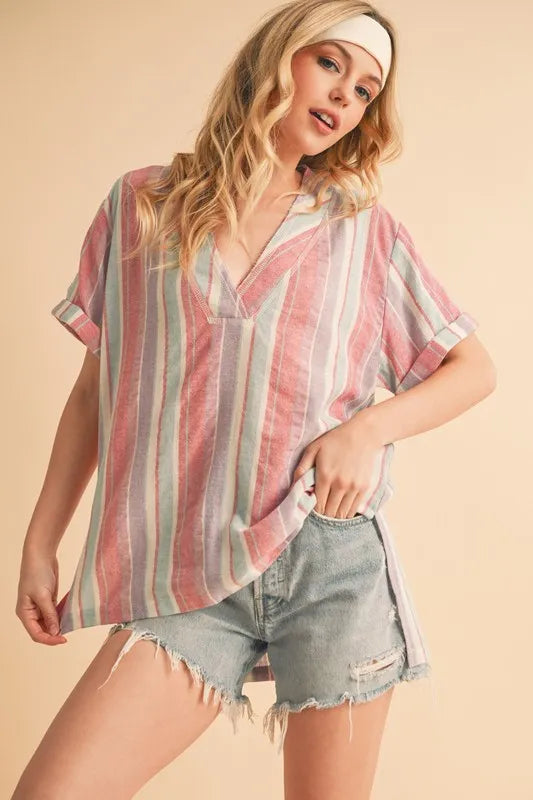 Aemi+Co Side Slit Striped Short Sleeve Blouse RED AQUA