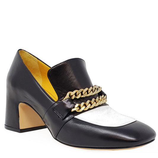 Black & White Leather Mid Heel Loafer W/Chain