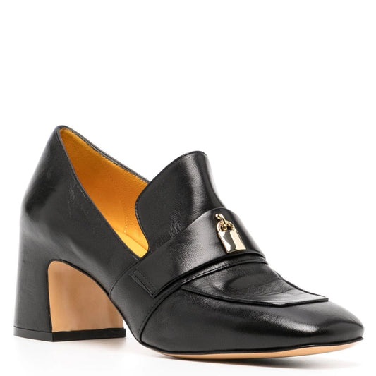 Black Leather Lock Heel Loafer