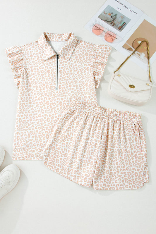 Leopard Zip Polo Top & Elastic Shorts Set