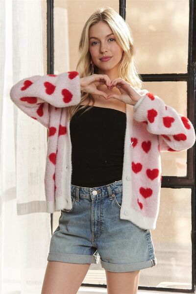 ADORA Fuzzy Heart Button Down Cardigan Ivory Red