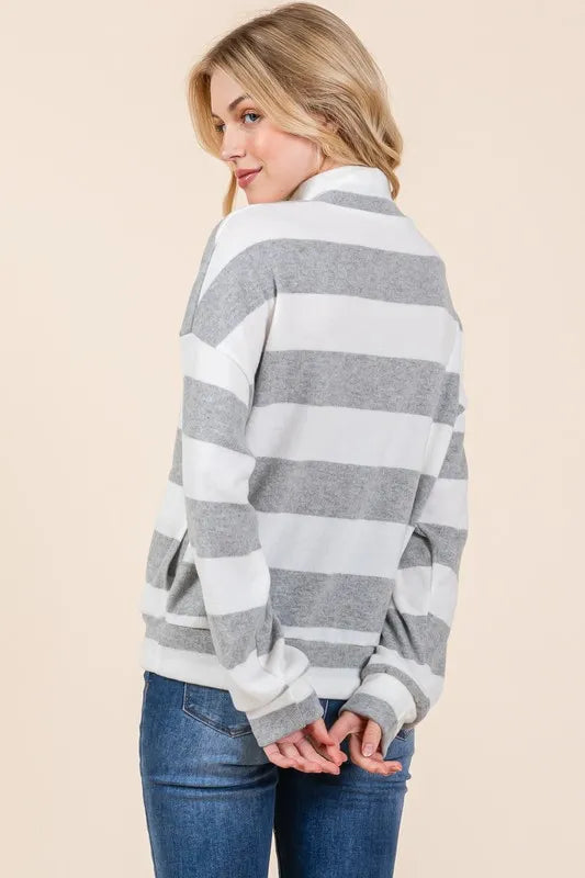 BOMBOM Striped Quarter Zip Drop Shoulder Sweatshirt