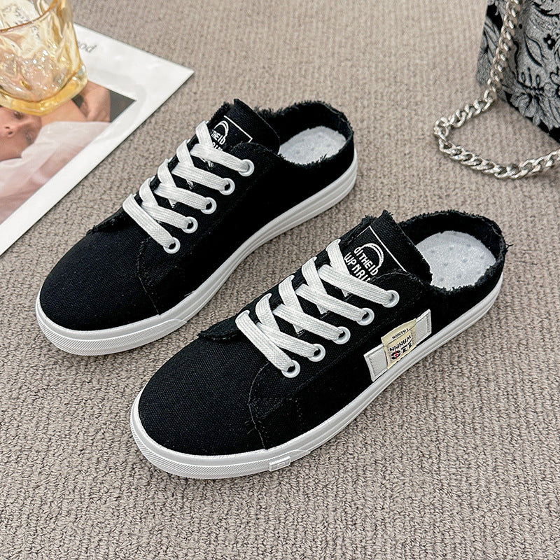 Frayed Hem Lace Up Canvas Sneakers Black