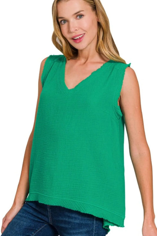 Zenana Double Gauze Raw Edge V-Neck Tank K GREEN