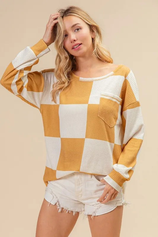 BiBi Checker Printed Hacci Top With Front Pocket MUSTARD