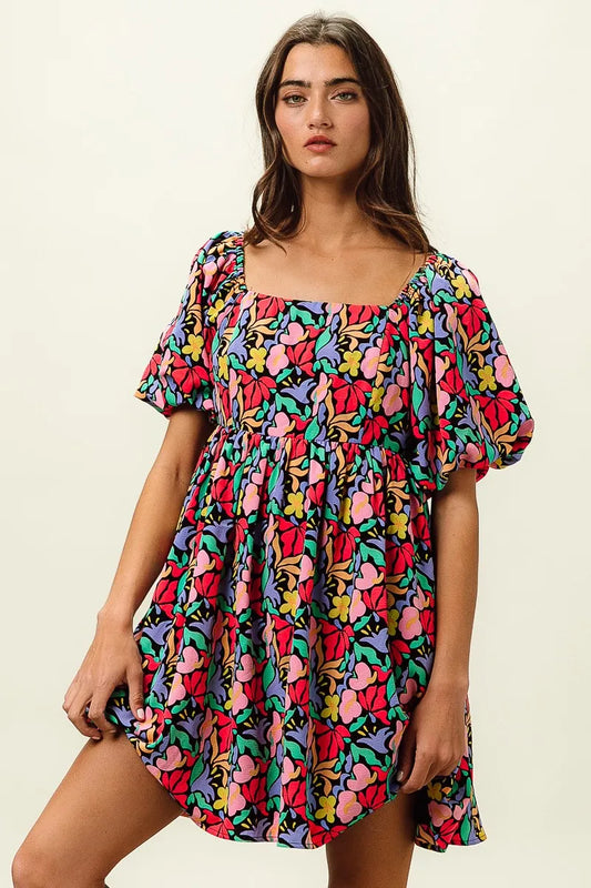 BiBi Floral Print Puff Square Neck Dress BLACK MULTI