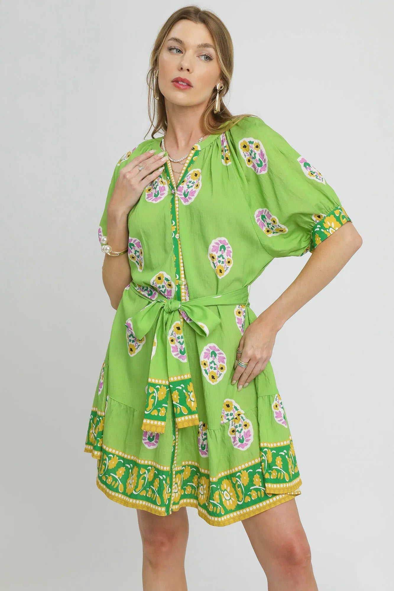 Umgee Floral Print Tie Waist Short Sleeve Dress Neon Green