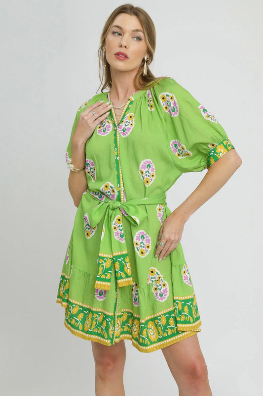 Umgee Floral Print Tie Waist Short Sleeve Dress Neon Green