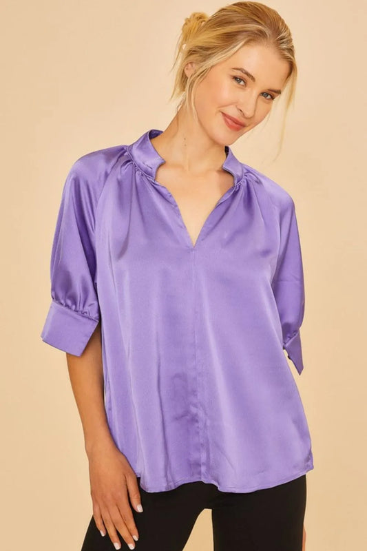 Annie Wear Multi Color Printed V-Neck Open Woven Blouse Top VIOLET