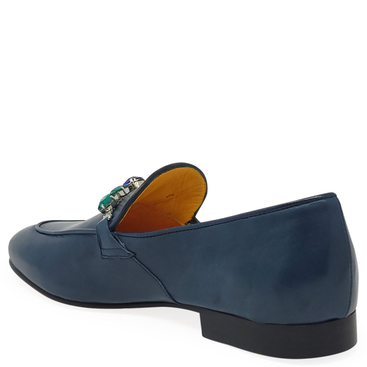 Blue Leather Flat Jeweled Loafer