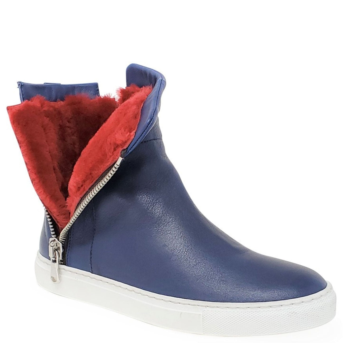 Navy Leather Double Zip Shearling Boot