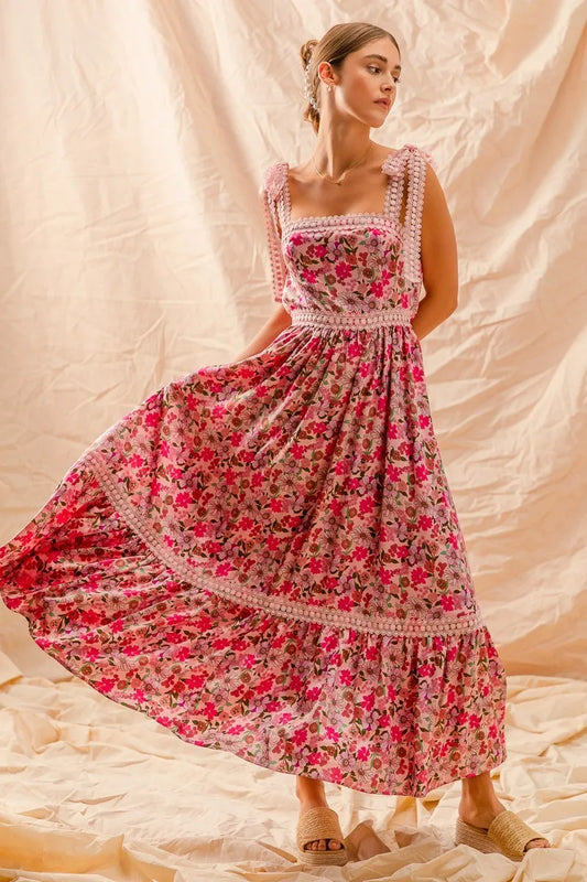 SO ME Floral Maxi Dress With Ribbon Tie Lace Strap PINK COMBO
