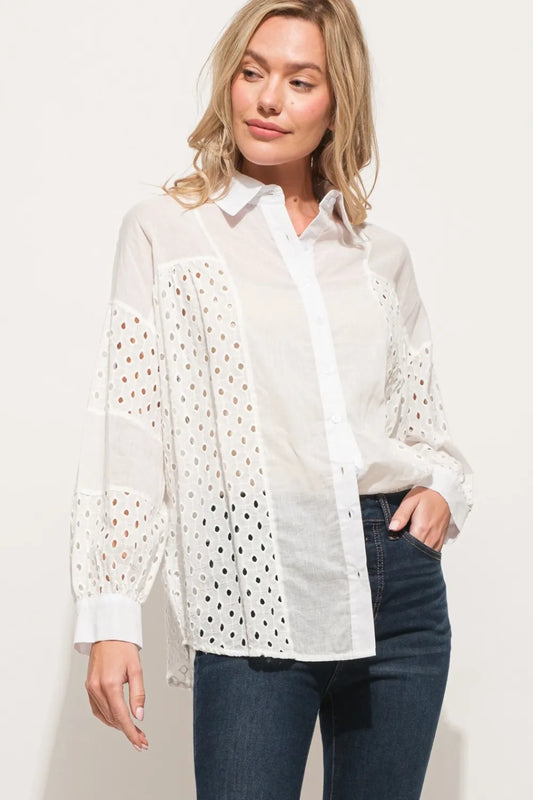 And The Why Eyelet Long Sleeve Button Down Shirt WHITE