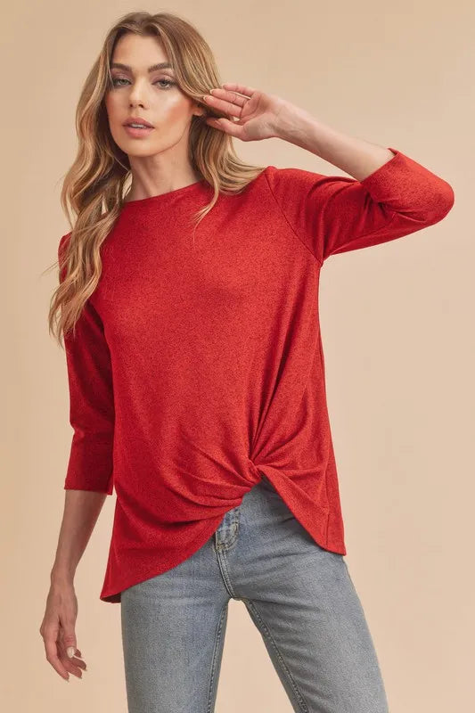 Aemi + Co Twist Front Round Neck 3/4 Sleeve T-Shirt Deep Red