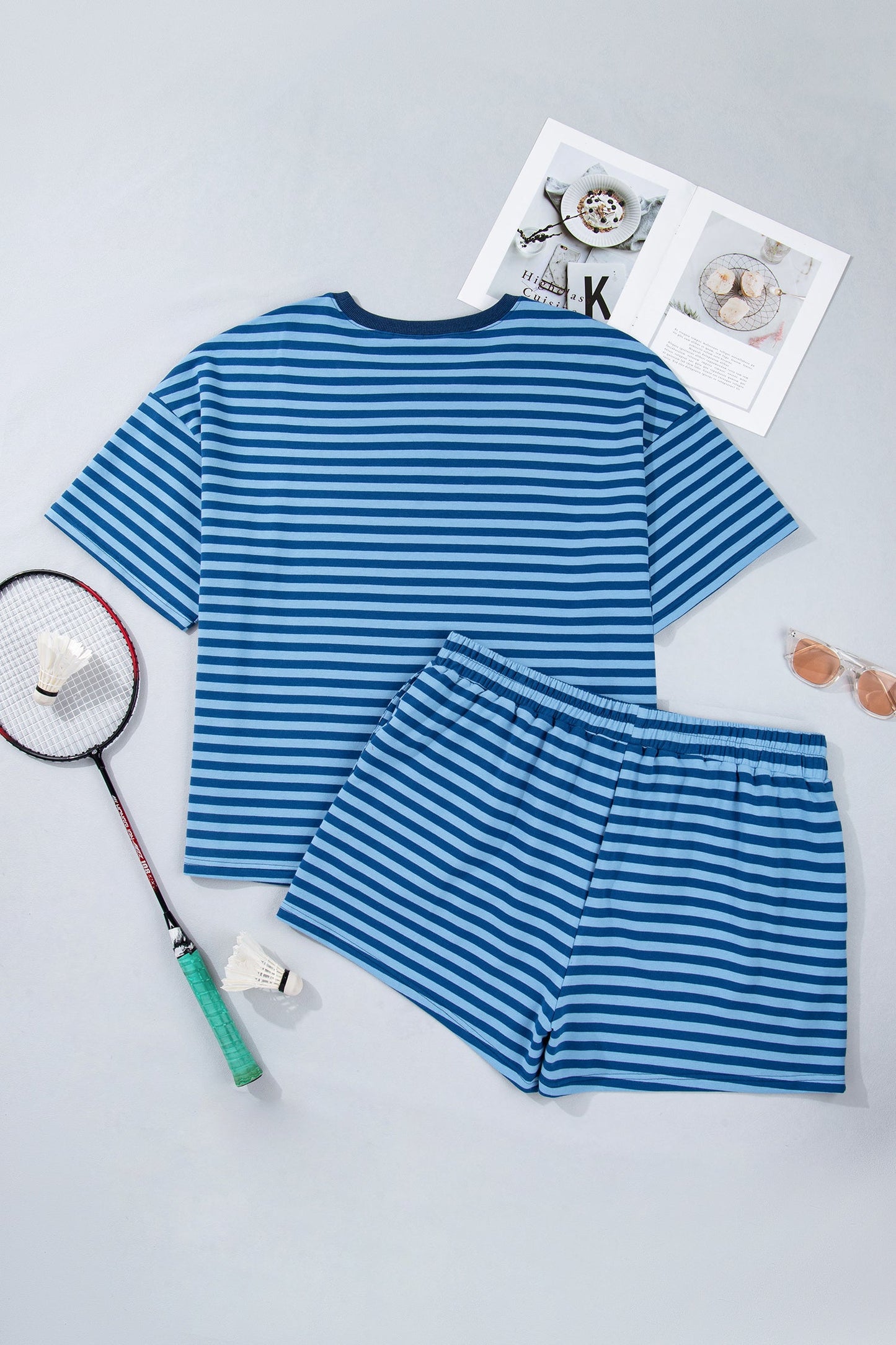 Plus Size Stripe Dropped Shoulder Tee & Shorts Set