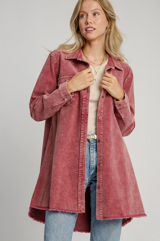 Umgee Raw Hem Button Down Denim Jacket with Chest Pockets Wine