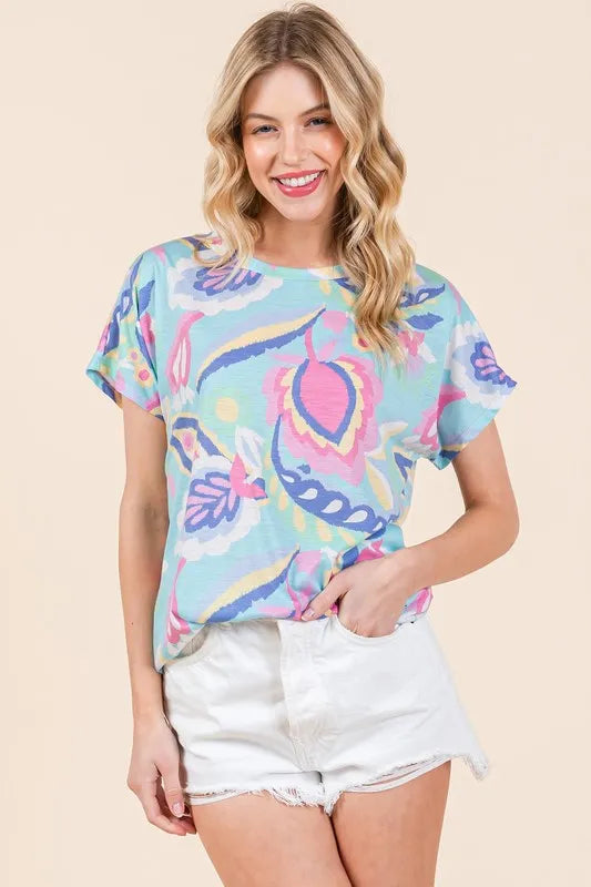 BOMBOM Lightweight Printed Round Neck Short Sleeve T-Shirt