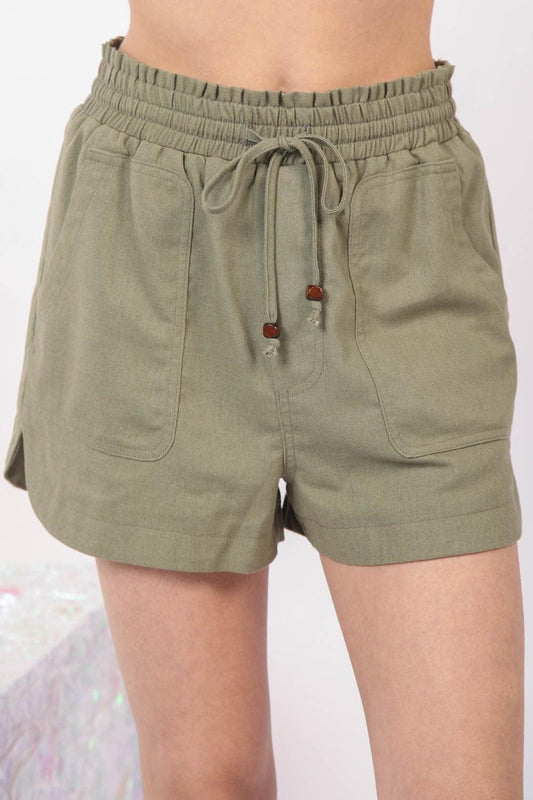 VERY J Drawstring Elastic Waist Linen Shorts Olive