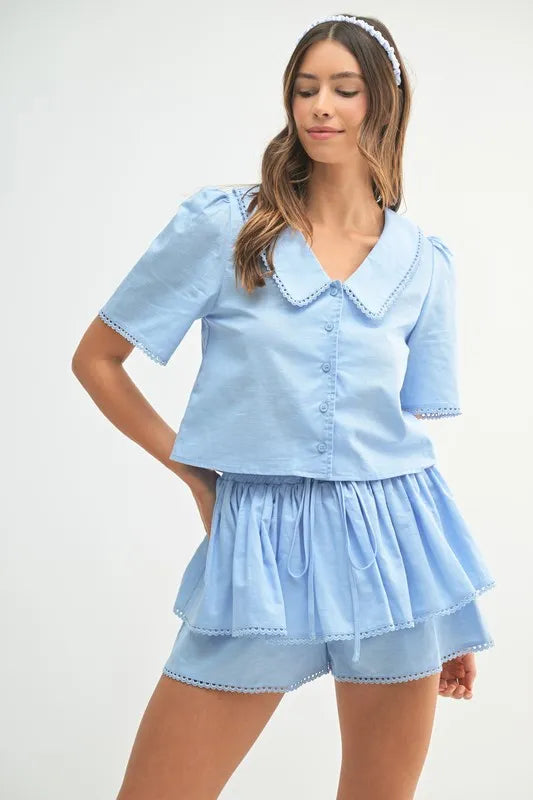 MABLE Collared Button Down Crop Top and Skort Set Lt Blue