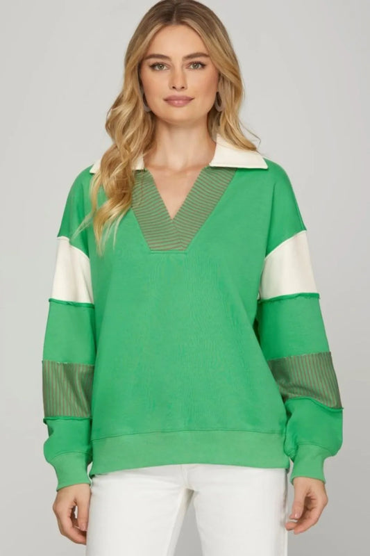 She + Sky Full Size Color Block Sleeve Johnny Collar French Terry Sweatshirt Plus Size Green