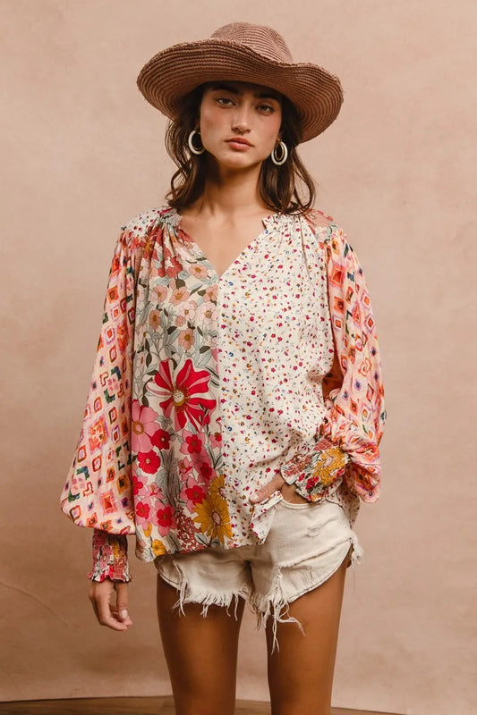 BiBi Floral Print Mix And Match Long Sleeve Peasant Top ROSE MIX