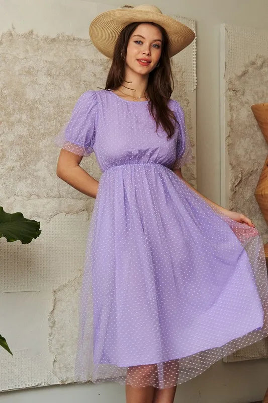 Davi & Dani Mesh Puff Short Sleeve Midi Dress