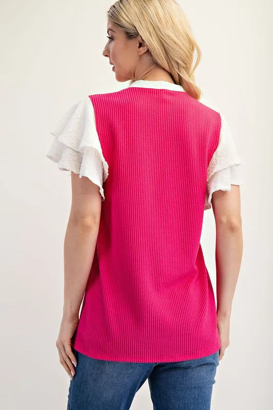 Celeste Full Size Solid Color Top with Ruffle Layered Sleeves Plus Size