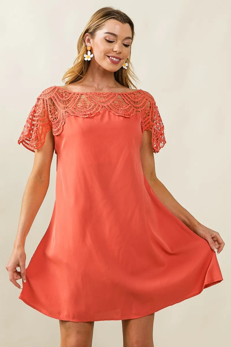 BiBi Crochet Lace Yoke Detailed Wrinkled Dress APRICOT