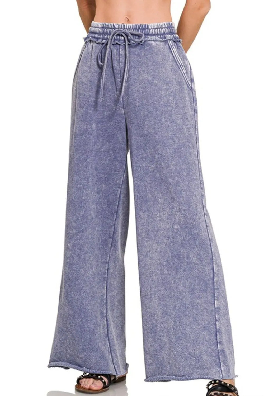 Zenana Acid Wash Fleece Palazzo Sweatpants with Pockets MARLIN