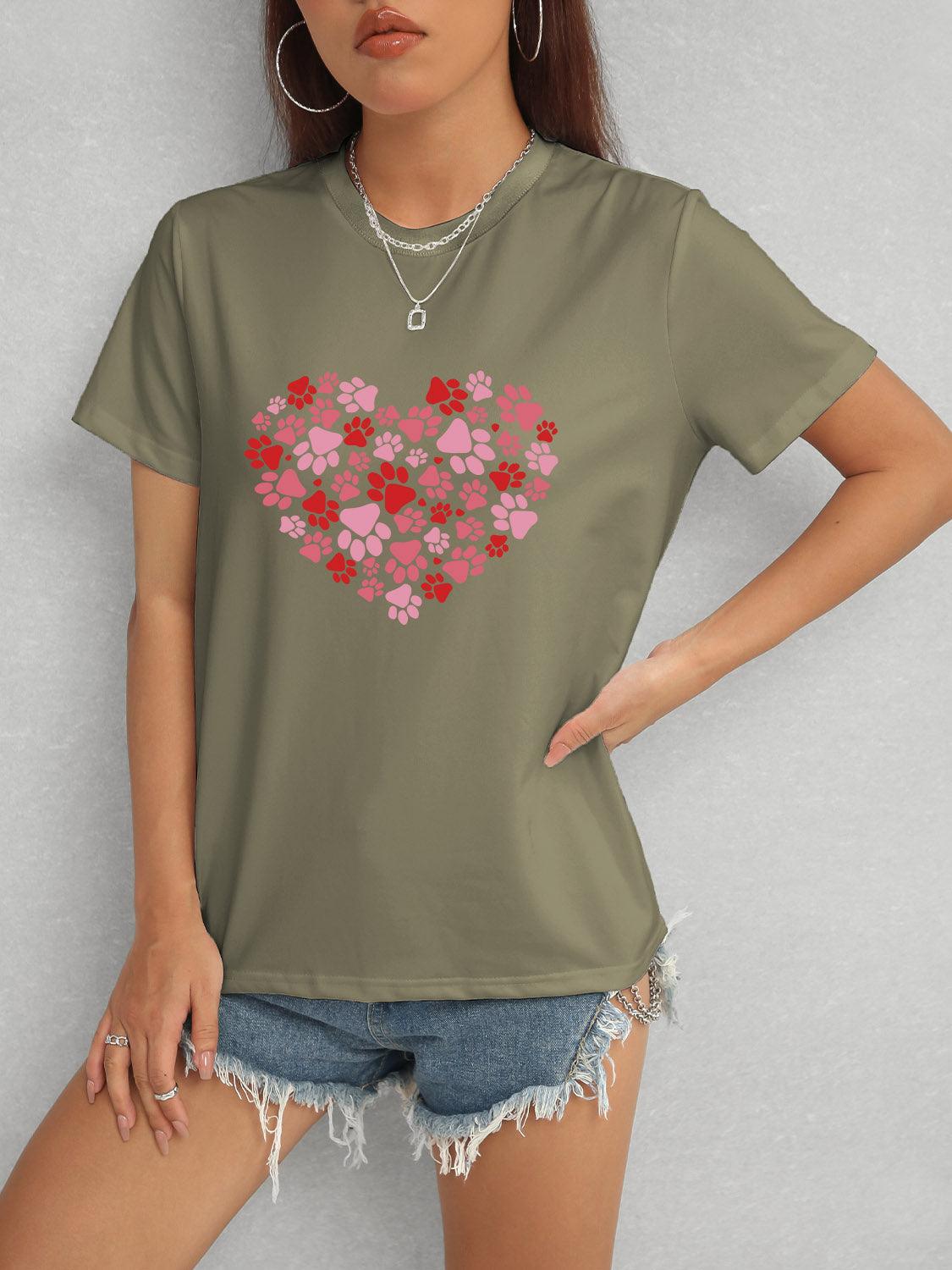 Heart Round Neck Short Sleeve T-Shirt Army Green