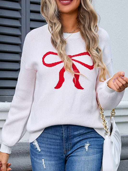 Angel Wings Bow Graphic Round Neck Long Sleeve Sweater White