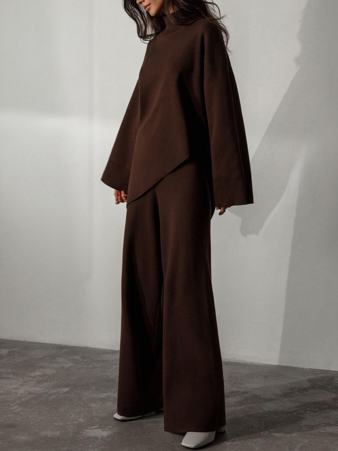 Asymmetrical Hem Knit Top and Pants Set Chocolate