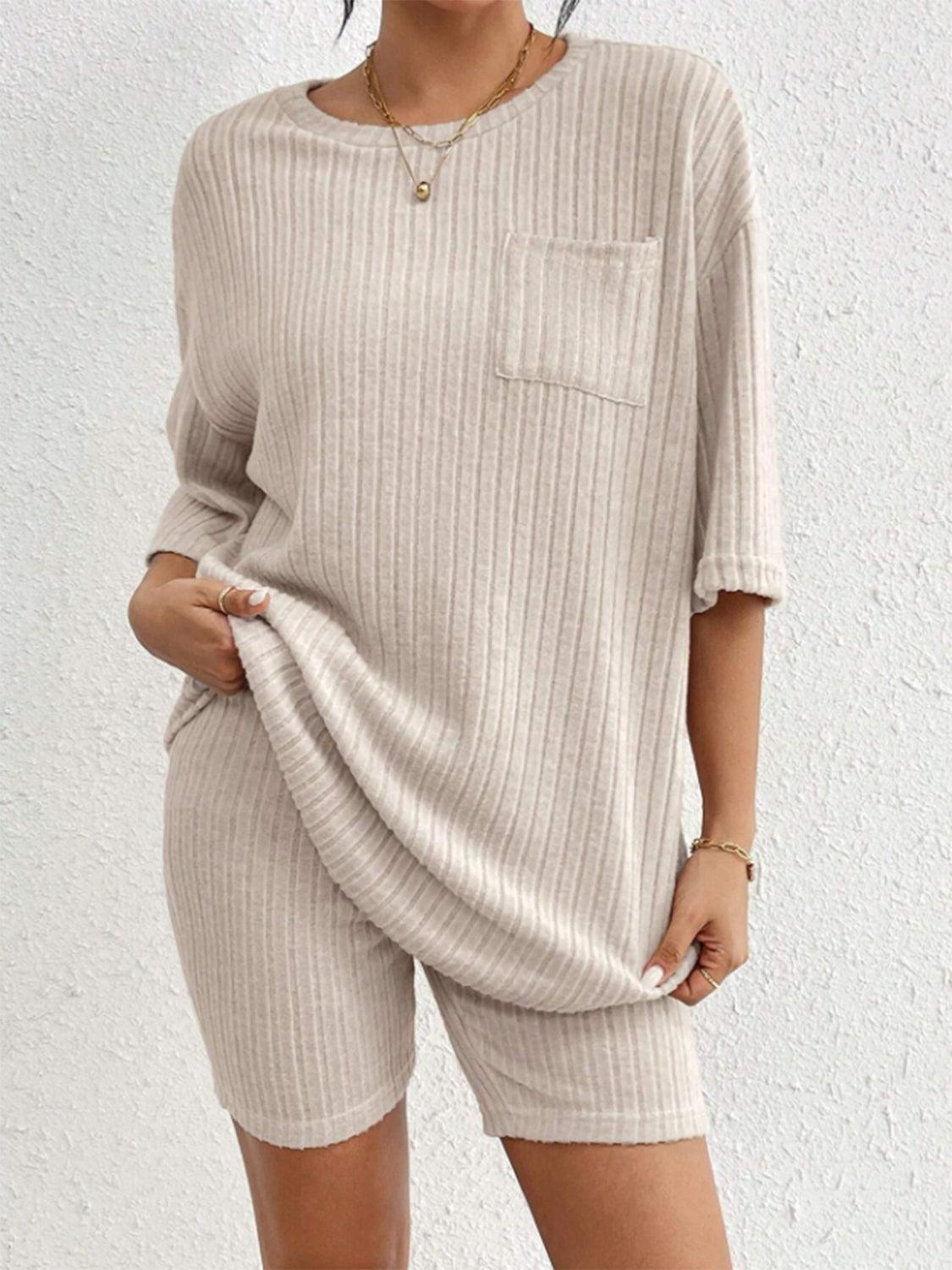 Ribbed Round Neck Top and Shorts Set Dust Storm