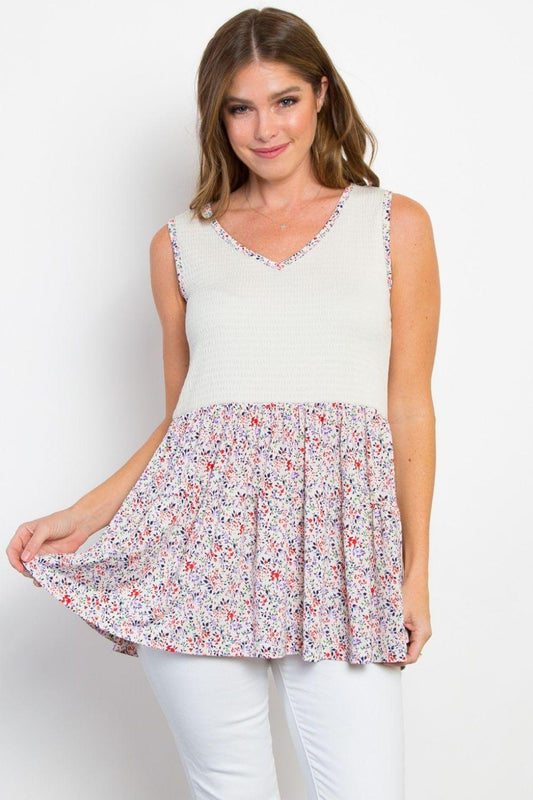 Be Stage Full Size Smocked Printed Peplum Sleeveless Top White