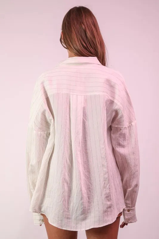 VERY J Plus Size Oversized Striped Button Down Shirt Top